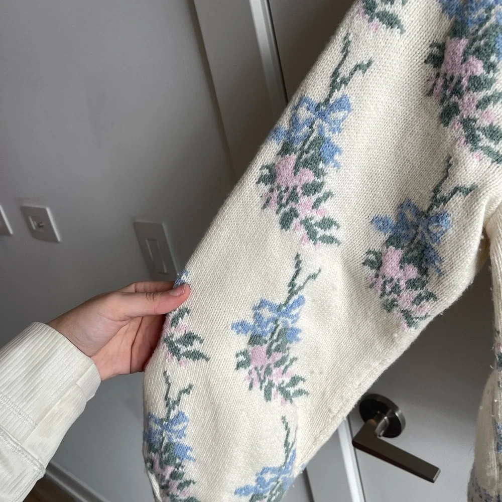 Love Shack Fancy Floral Knit Cardigan Sweater - White and Blue - Picture 3 of 8